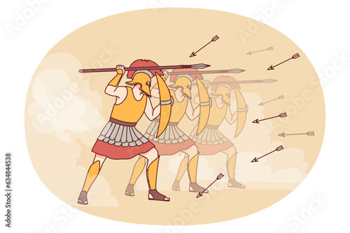 Spartans in armor with shields and spears go on attack. Squad of warriors in protective garment assail together. War and ancient ages. Vector illustration.