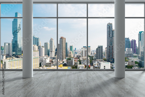 Empty room Interior Skyscrapers View Bangkok. Downtown City Skyline Buildings from High Rise Window. Beautiful Expensive Real Estate overlooking. Day time. 3d rendering.