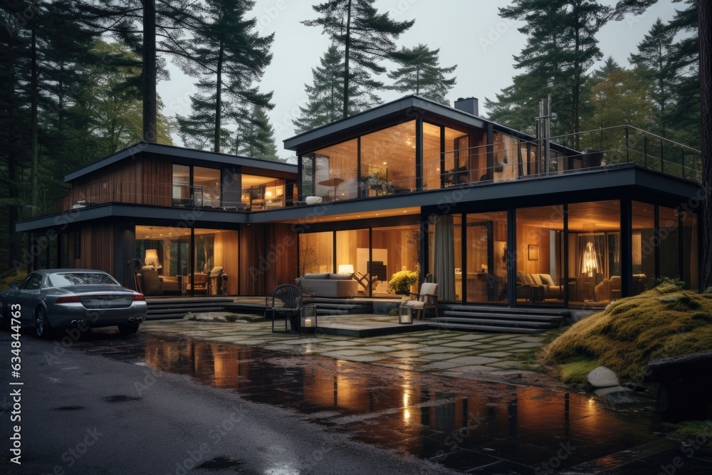 The house exterior is transformed by a juxtaposition of warm wooden accents against sleek metal cladding, striking a balance between rustic and modern. Generative AI The house exterior is transformed by a juxtaposition of warm wooden accents against sleek metal cladding, striking a balance between rustic and modern. Generative AI