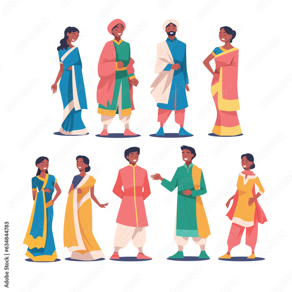 Hindus People Characters in National Costume in Standing Pose Vector Set