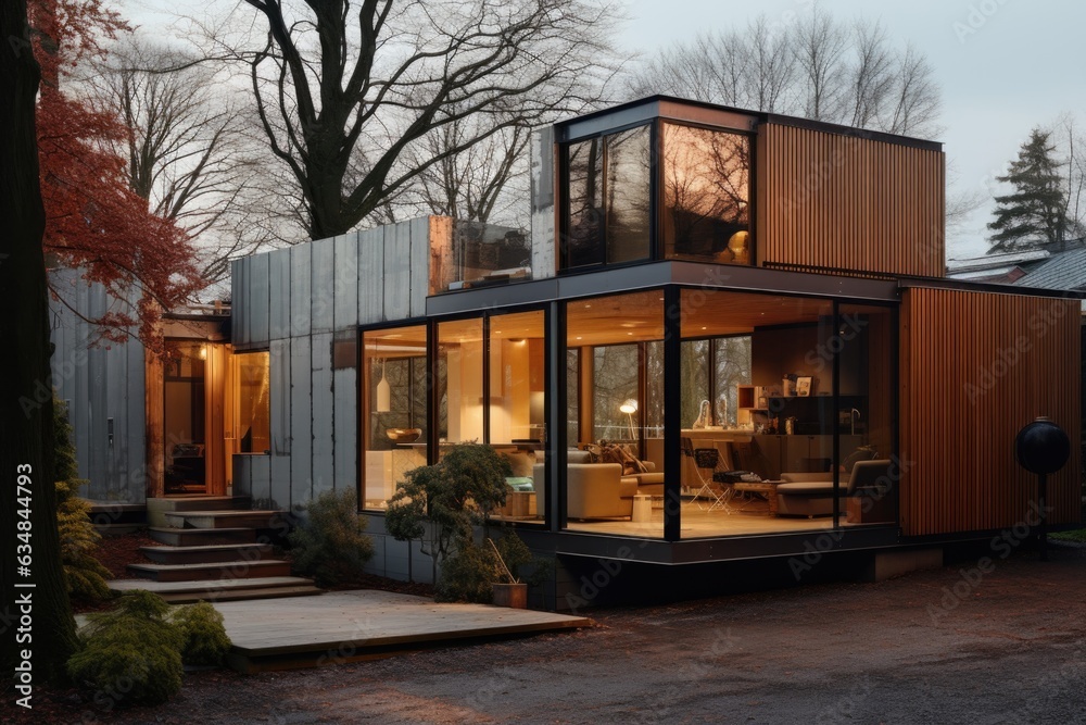 The house exterior is transformed by a juxtaposition of warm wooden accents against sleek metal cladding, striking a balance between rustic and modern. Generative AI