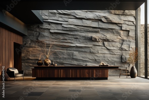 Elegance reigns in the home front wall design, featuring a textured stone facade that exudes a sense of timeless sophistication. Generative AI