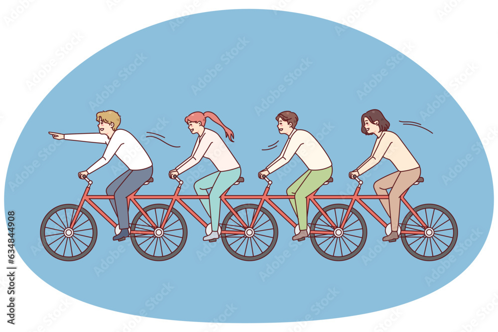 People riding one bike together. Business team on bicycle engaged in teamwork. Teambuilding and unity in office. Vector illustration. People riding one bike together. Business team on bicycle engaged in teamwork. Teambuilding and unity in office. Vector illustration.
