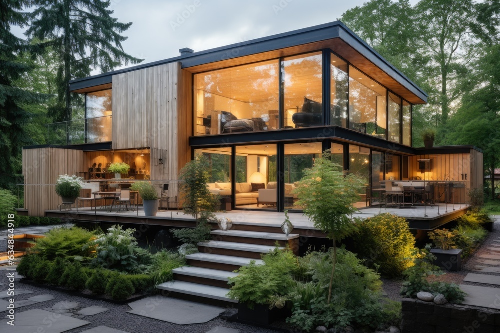 The house exterior design is elevated by a mix of materials, from concrete and glass to wooden slats, presenting a dynamic and inviting facade. Generative AI The house exterior design is elevated by a mix of materials, from concrete and glass to wooden slats, presenting a dynamic and inviting facade. Generative AI