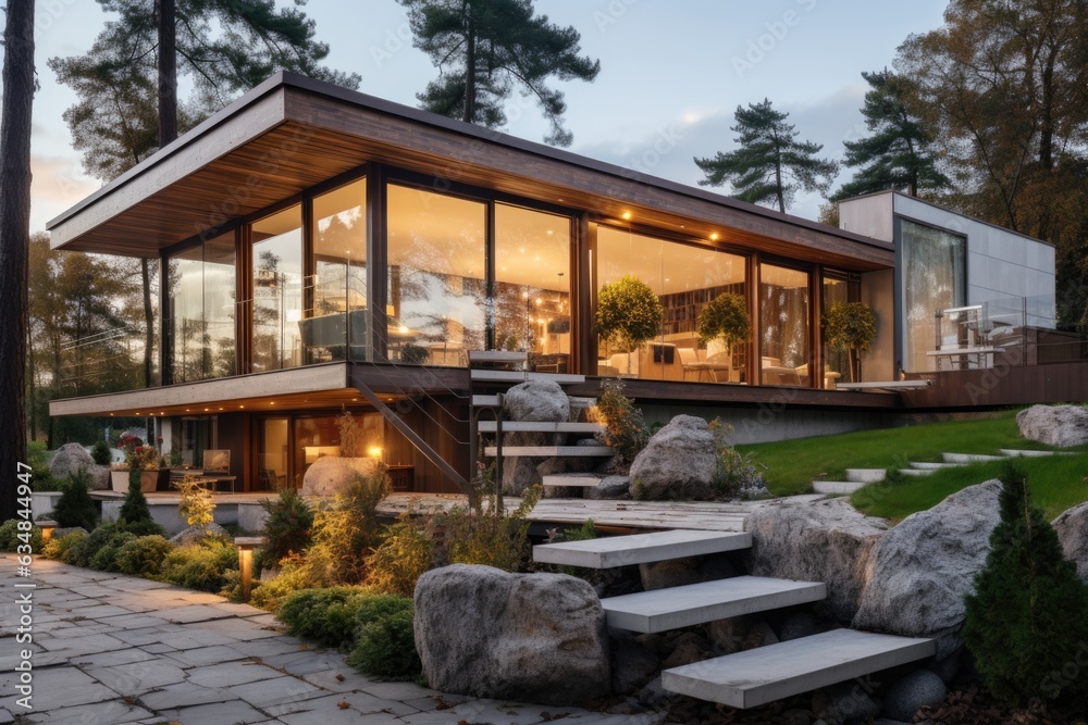 The house exterior design is elevated by a mix of materials, from concrete and glass to wooden slats, presenting a dynamic and inviting facade. Generative AI