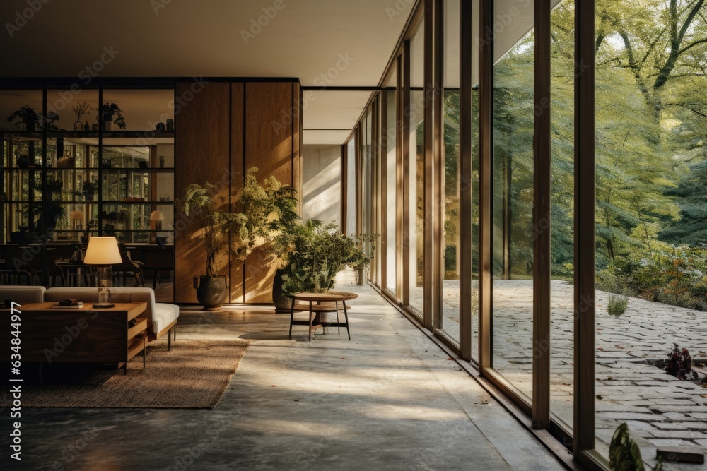Fototapeta premium A minimalist yet inviting entrance is achieved with a sleek pathway leading to a pivot door framed by floor-to-ceiling windows, welcoming residents and guests alike. Generative AI