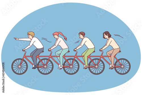 People riding one bike together. Business team on bicycle engaged in teamwork. Teambuilding and unity in office. Vector illustration.