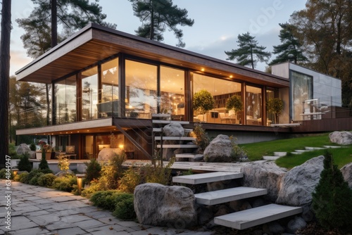 The house exterior design is elevated by a mix of materials, from concrete and glass to wooden slats, presenting a dynamic and inviting facade. Generative AI