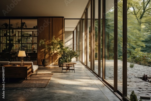 A minimalist yet inviting entrance is achieved with a sleek pathway leading to a pivot door framed by floor-to-ceiling windows, welcoming residents and guests alike. Generative AI