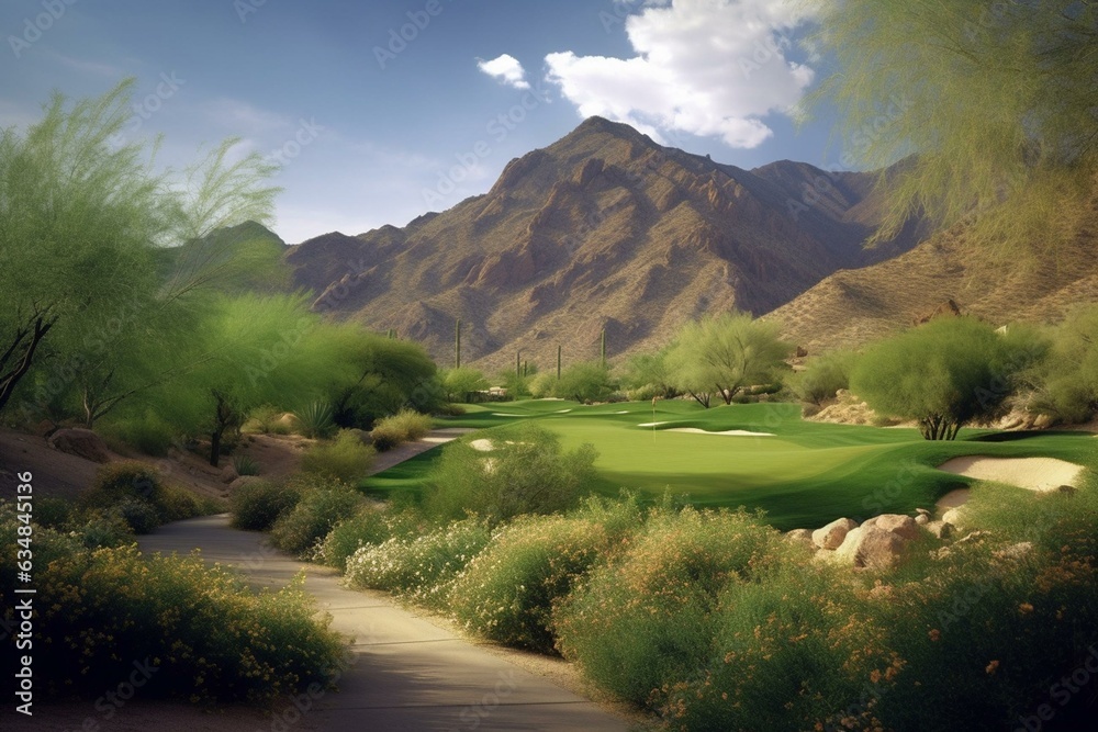 Idyllic golf course nestled under Mummy Mountain. Generative AI