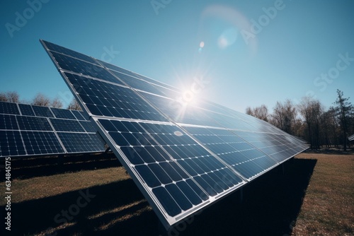 Solar panel capturing renewable energy with a clear  blue sky as a backdrop. Generative AI