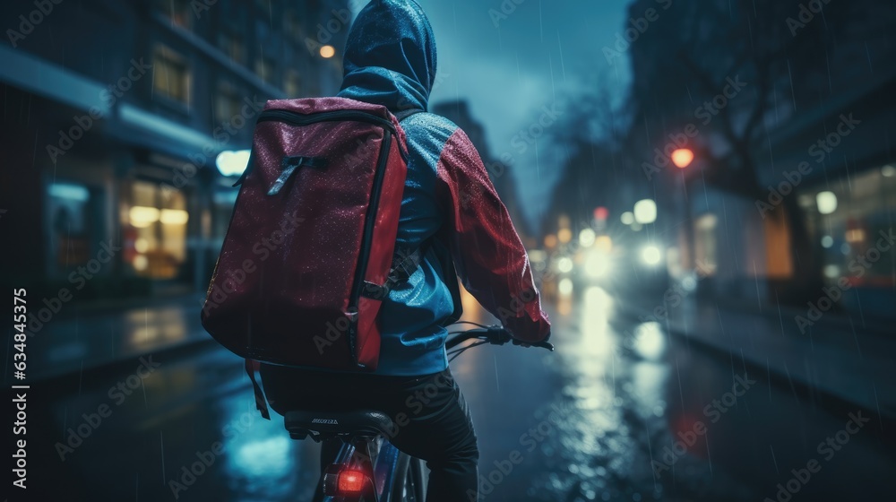 Ai generative image of food delivery man riding a bicycle on a city street with a large backpack in the rain Ai generative image of food delivery man riding a bicycle on a city street with a large backpack in the rain