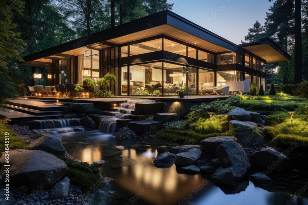 The house exterior design is accentuated by a sleek waterfall feature that cascades down the home front, infusing a serene and tranquil ambiance. Generative AI The house exterior design is accentuated by a sleek waterfall feature that cascades down the home front, infusing a serene and tranquil ambiance. Generative AI