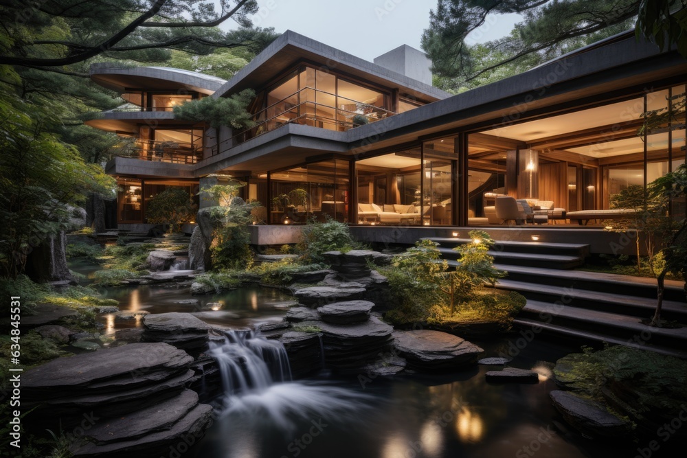 The house exterior design is accentuated by a sleek waterfall feature that cascades down the home front, infusing a serene and tranquil ambiance. Generative AI