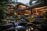 The house exterior design is accentuated by a sleek waterfall feature that cascades down the home front, infusing a serene and tranquil ambiance. Generative AI