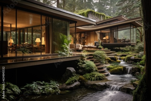 The house exterior design is accentuated by a sleek waterfall feature that cascades down the home front, infusing a serene and tranquil ambiance. Generative AI
