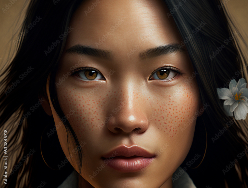 AI generated: portrait illustration of Asian woman with freckles