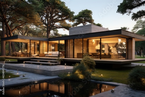 The modern house front elevation design features a seamless integration of indoor and outdoor spaces, with expansive glass walls that bring the outside in. Generative AI © Ivy