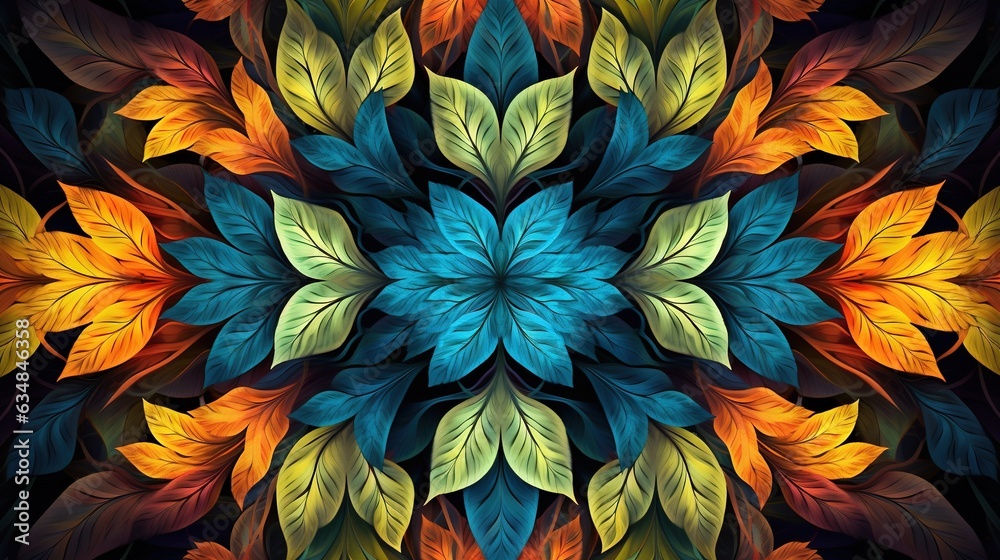  a colorful flower with leaves on a black background with a red, yellow, and blue center.  generative ai