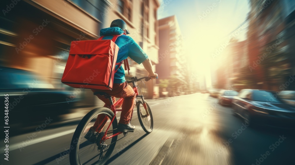 Fototapeta premium Ai generative image of food delivery man riding a bicycle on a city street with a large backpack on sunset