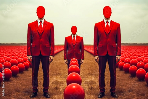 Hommes en rouge, sans visage, debout dans un champ de boules rouges, image surréaliste - Générative IA