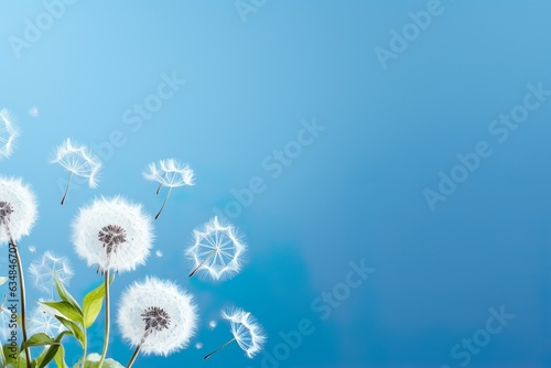 Beautiful white dandelion on blue background with copy space. Illustration   Generative AI