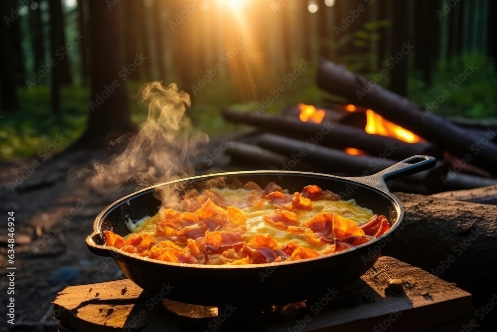 Campfire breakfast with eggs and bacon cooked in a skillet.