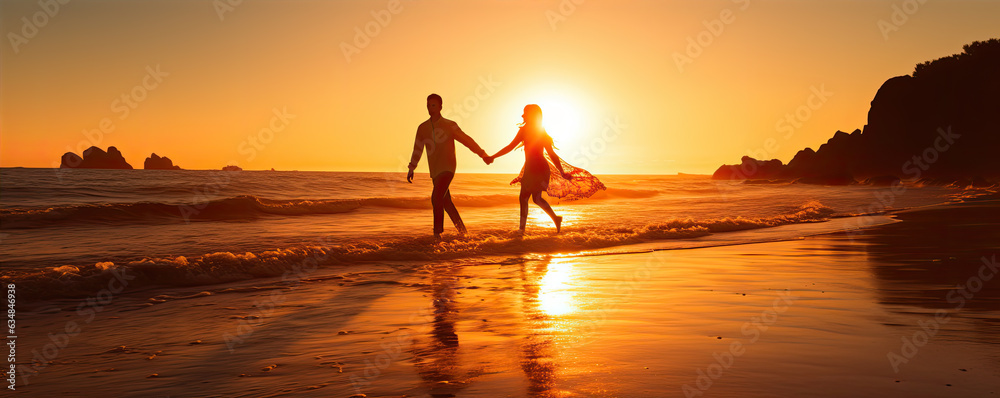 Happy couple running on the beach in sunset light,