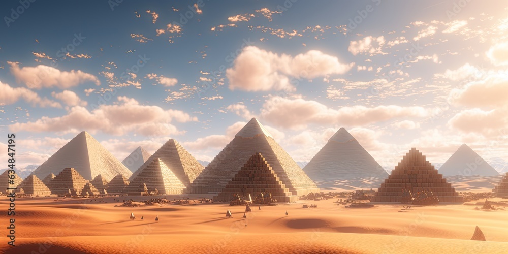 Egyptian pyramids under a clear sky in a region of sand - obrazy, fototapety, plakaty 
