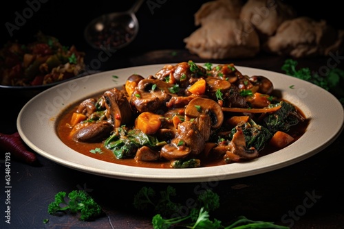 A plate of hearty beef stew with mushrooms and parsley.