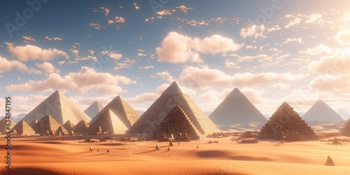 Egyptian pyramids under a clear sky in a region of sand