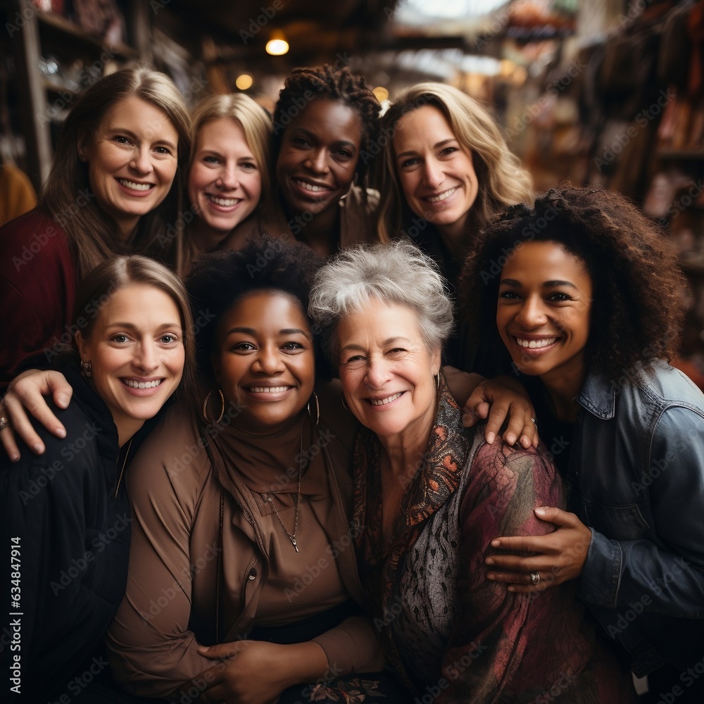 Group of happy multiracial women hugging at meeting in cafe