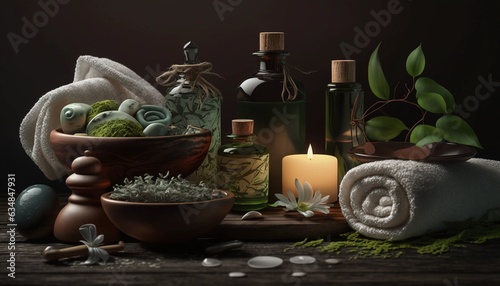 Spa accessories with towels, aromatic oil, stones, plants and candles