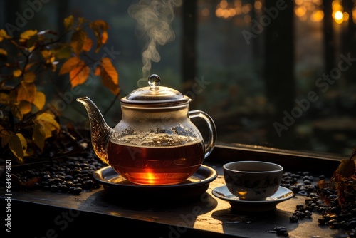 teapot in a window in autumn