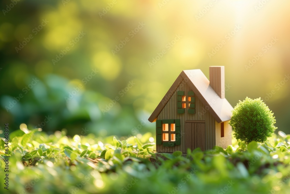 A small miniature green house in grass at sunset. A small miniature green house in grass at sunset.