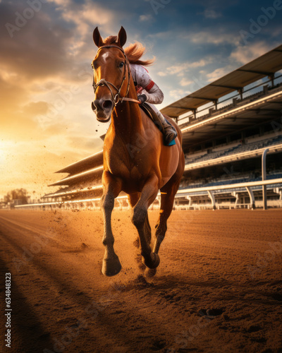 Brown Horse Racing on Dirt Track at Sunset © Schizarty