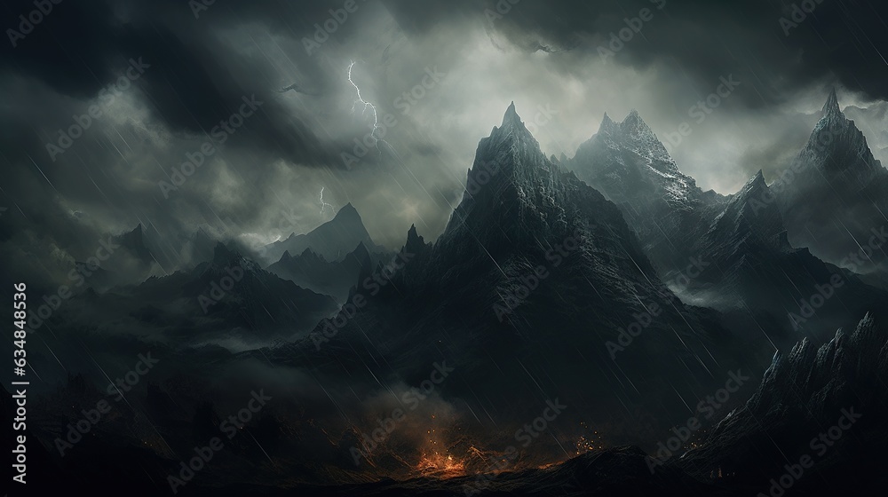 Obraz premium a dark mountain scene with lightning and lightning in the sky. generative ai