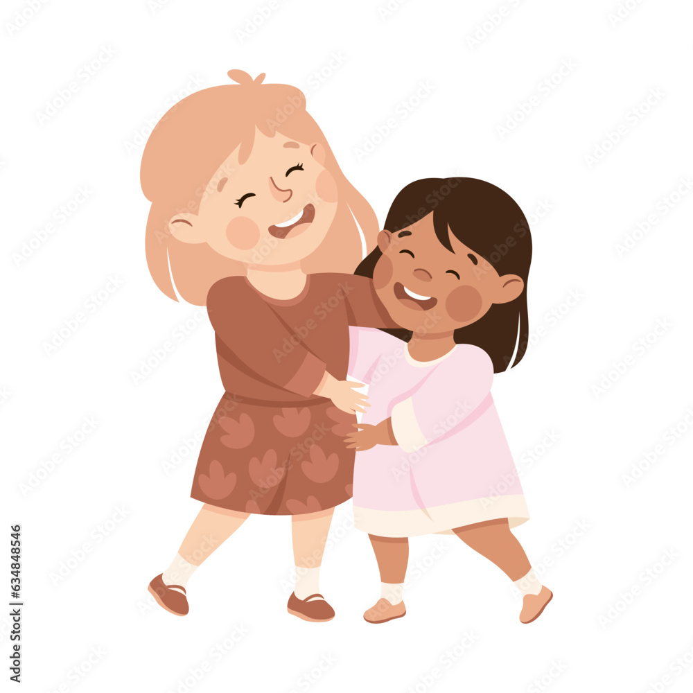 Little Girl Character Hugging Together Feel Happy Vector Illustration