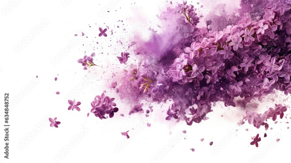 Lilac blossom in bloom Against a white background, beautiful purple blossoms are seen falling to the earth in solitude. High quality spring blossoms, levitated or generated in zero gravity.