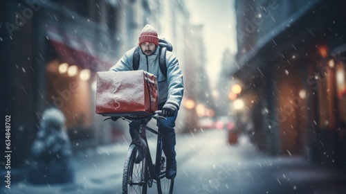 Ai generative image of food delivery man riding a bicycle on a city street with a large backpack in winter, in snowfall