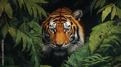  a painting of a tiger hiding in the leaves of a tree.  generative ai