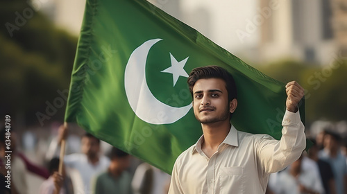 a young man holding bicolour Pakistani flag photo