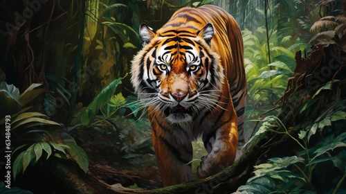  a painting of a tiger walking through a forest of trees.  generative ai © Anna