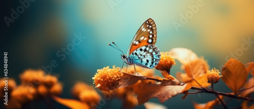 Autumn morning with pretty orange wing butterfly in outdoor garden sitting on flowers with wings fluttering, panoramic macro closeup, bokeh blur - generative AI