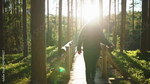 Camera follows from behind a young woman walking in the beautiful forest, exploring beautiful nature.  Sun is shinning in the camera, lens flare. photo