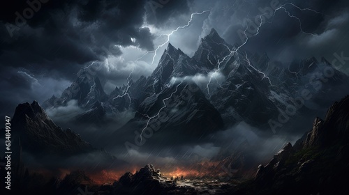  a dark mountain scene with lightning striking through the clouds and lightning striking over the mountains. generative ai
