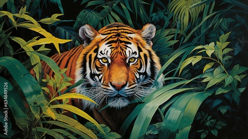  a painting of a tiger in the jungle with green leaves.  generative ai