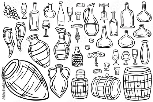 Set of outline wine bottles, barrels, glasses, corks and corkscrews on a white background. Vector illustration