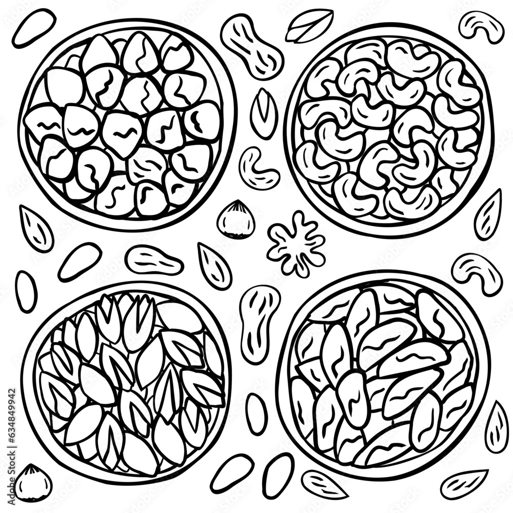 Set nuts on a white background. Hazelnuts, cashews, pistachios, brazilian nuts. Collection of healthy natural food. Vector illustration. Set nuts on a white background. Hazelnuts, cashews, pistachios, brazilian nuts. Collection of healthy natural food. Vector illustration.