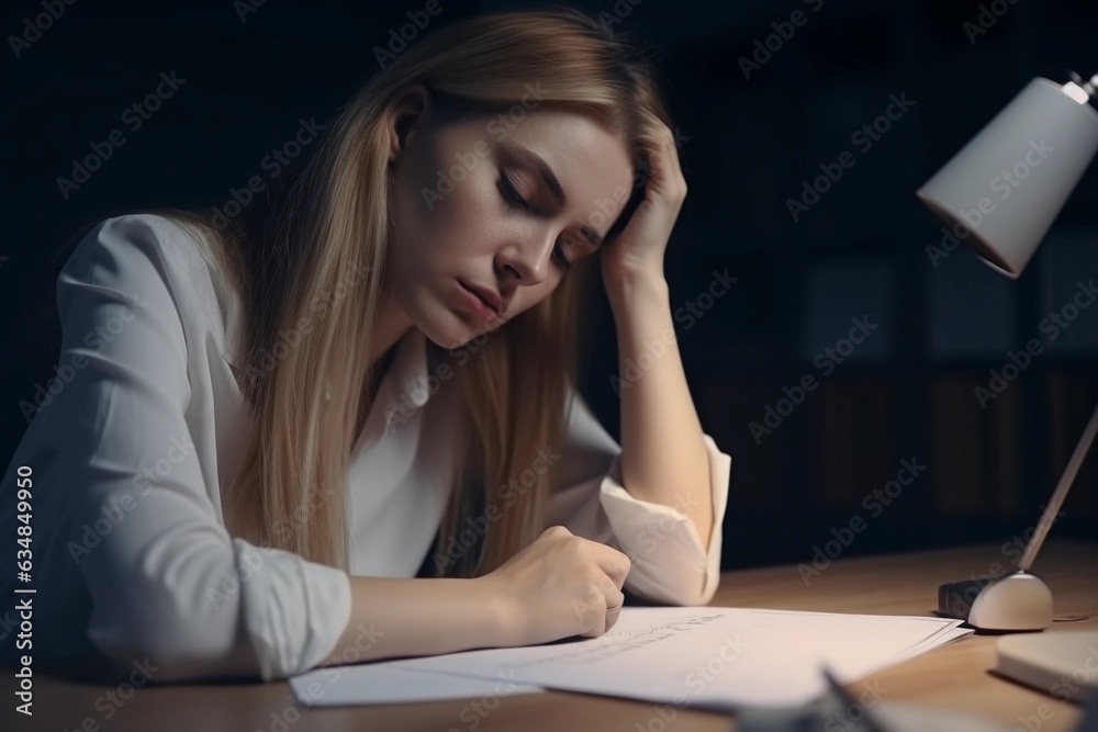 Tired young woman working with documents at night. Overtime, overwork, overnight work concept. Tired young woman working with documents at night. Overtime, overwork, overnight work concept.